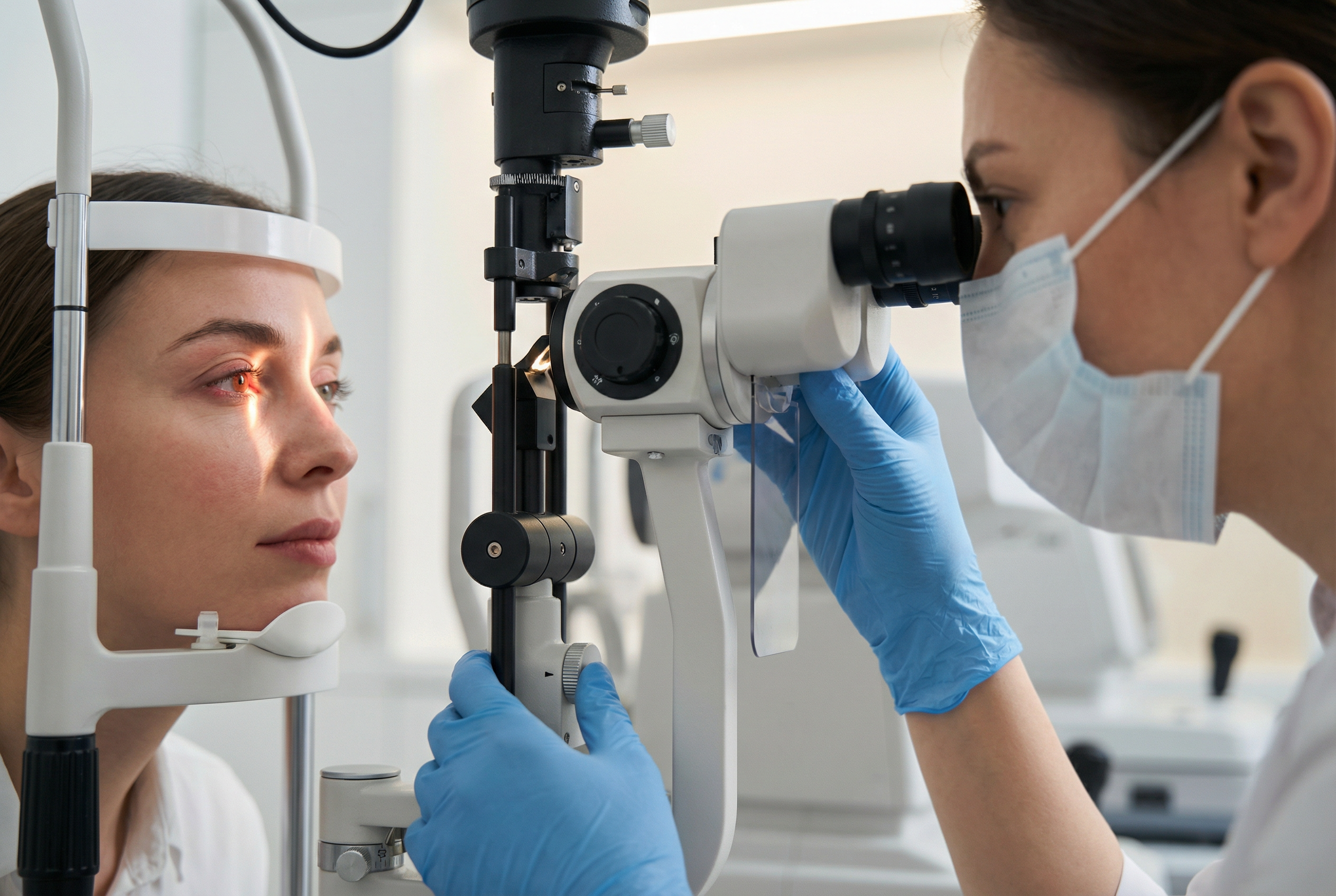 Red eye consultation with slit lamp